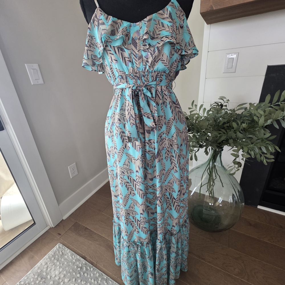 Elegant Turquoise Blue Patterned Maxi Dress